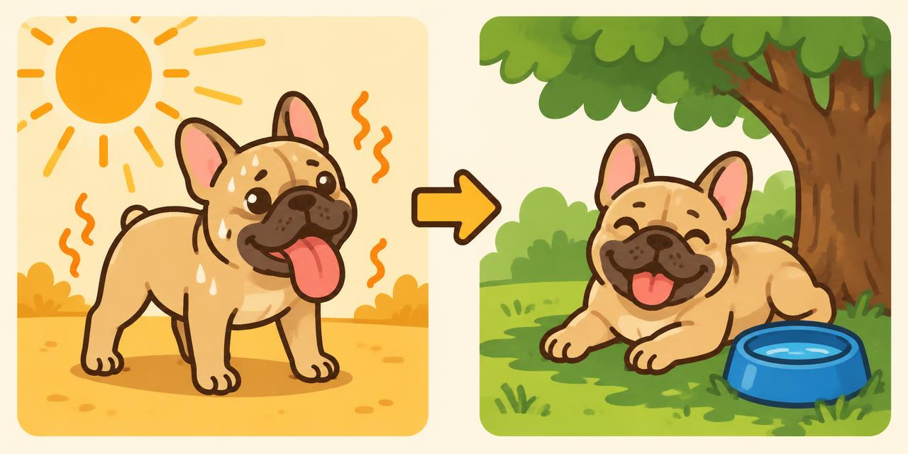 Heat danger: a hard-panting Frenchie in the sun, then resting in the shade with water.
